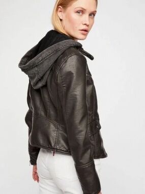 Free people/We the free black vegan leather jacket with hood